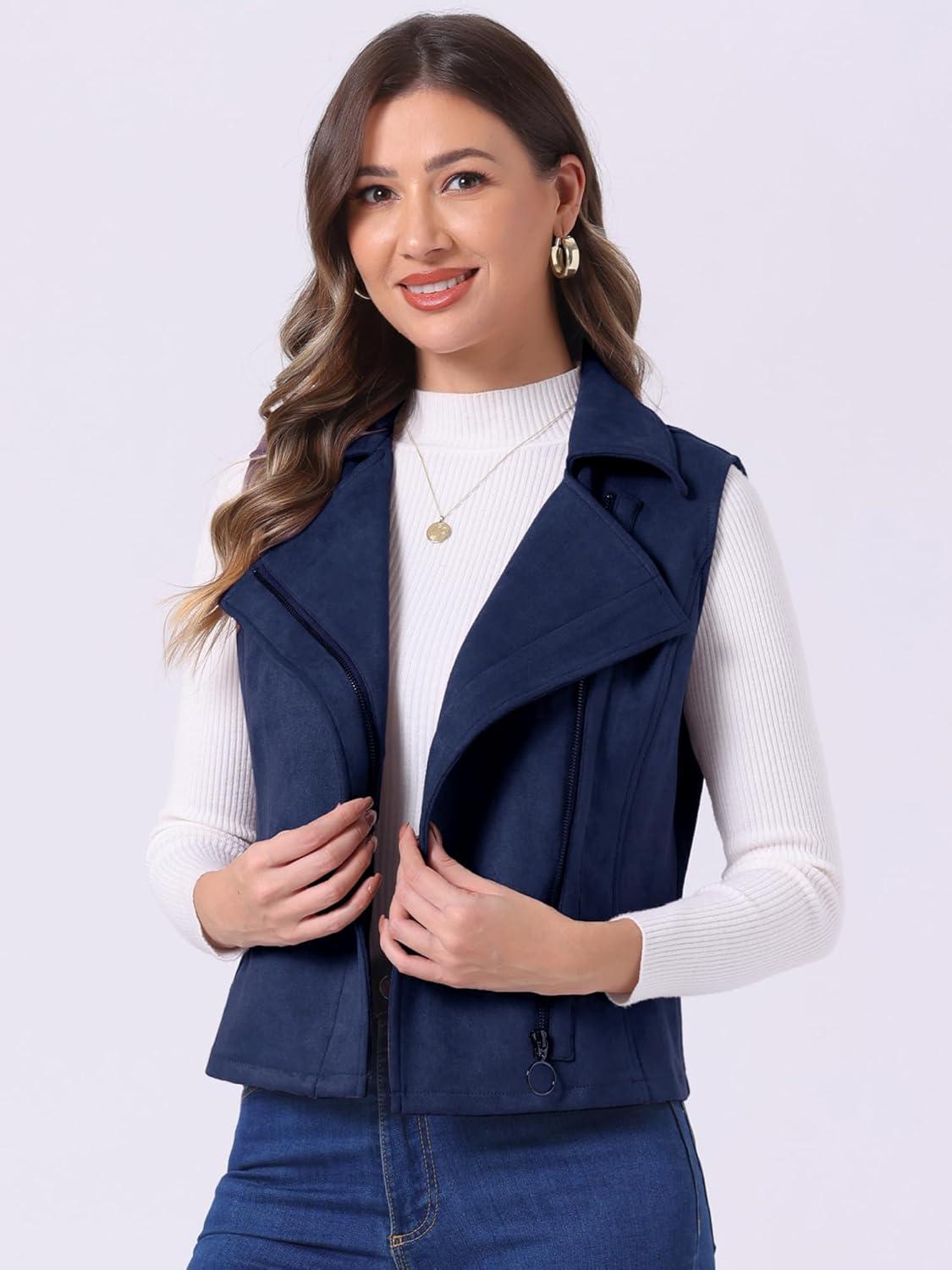 imageAllegra K Womens Faux Suede Vest Casual Sleeveless Biker JacketDark Blue