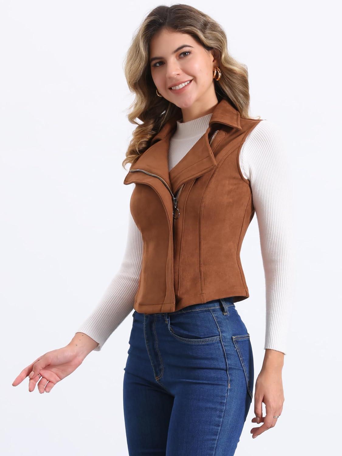 imageAllegra K Womens Faux Suede Vest Casual Sleeveless Biker JacketDark Brown