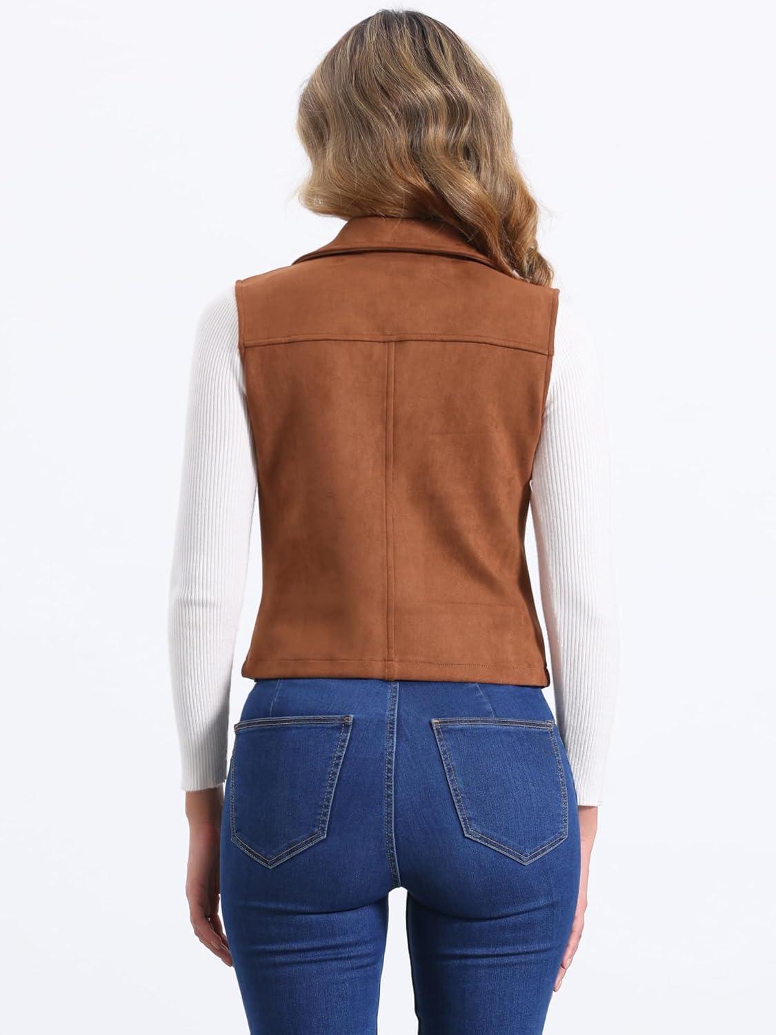 imageAllegra K Womens Faux Suede Vest Casual Sleeveless Biker JacketDark Brown