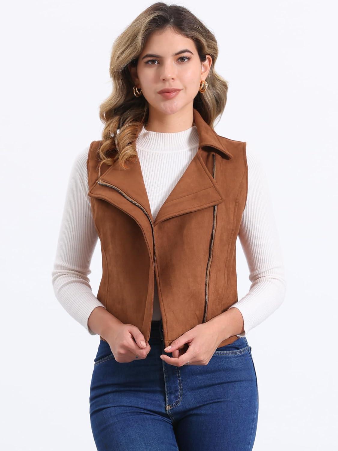 imageAllegra K Womens Faux Suede Vest Casual Sleeveless Biker JacketDark Brown