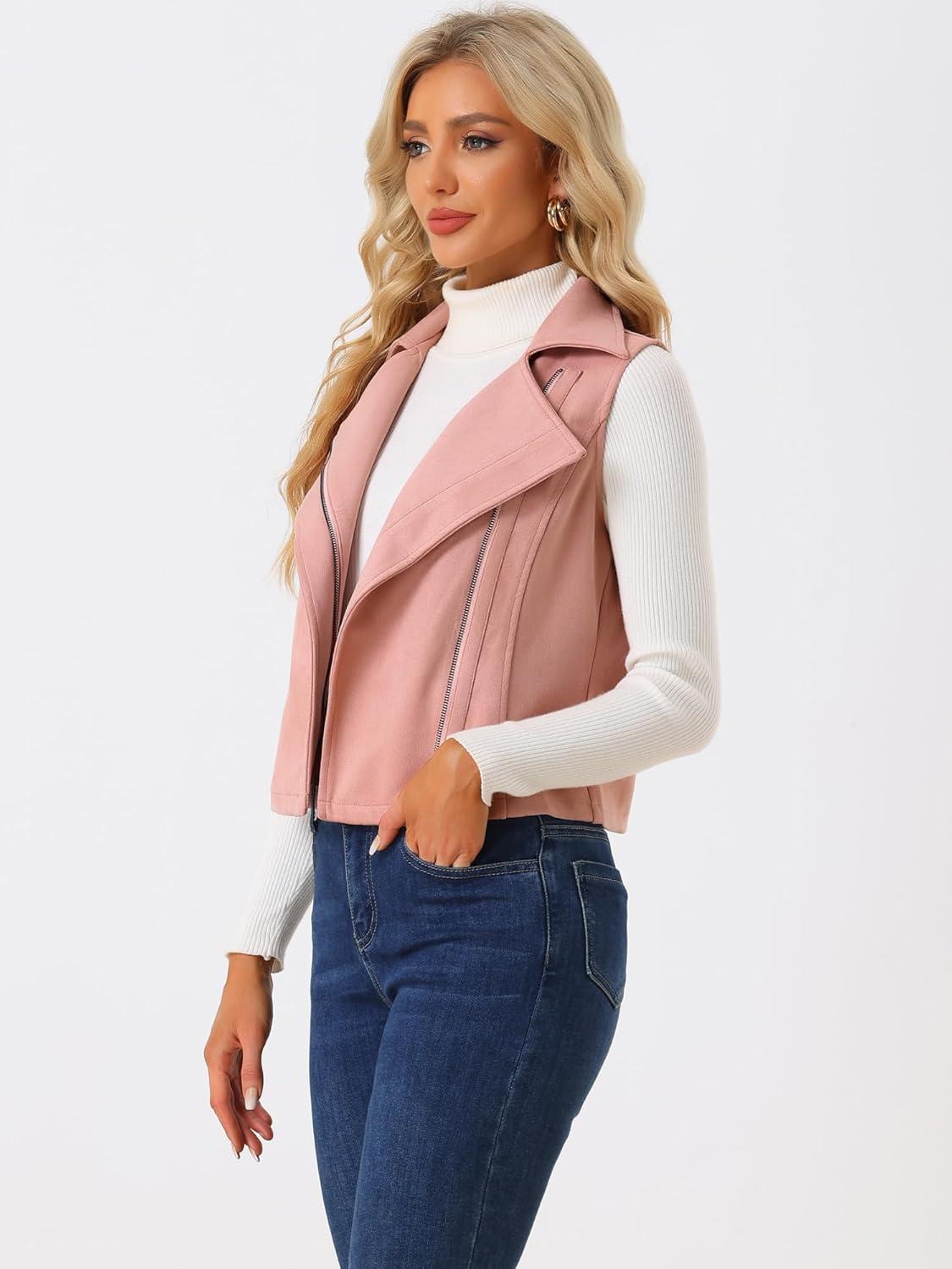 imageAllegra K Womens Faux Suede Vest Casual Sleeveless Biker JacketPink