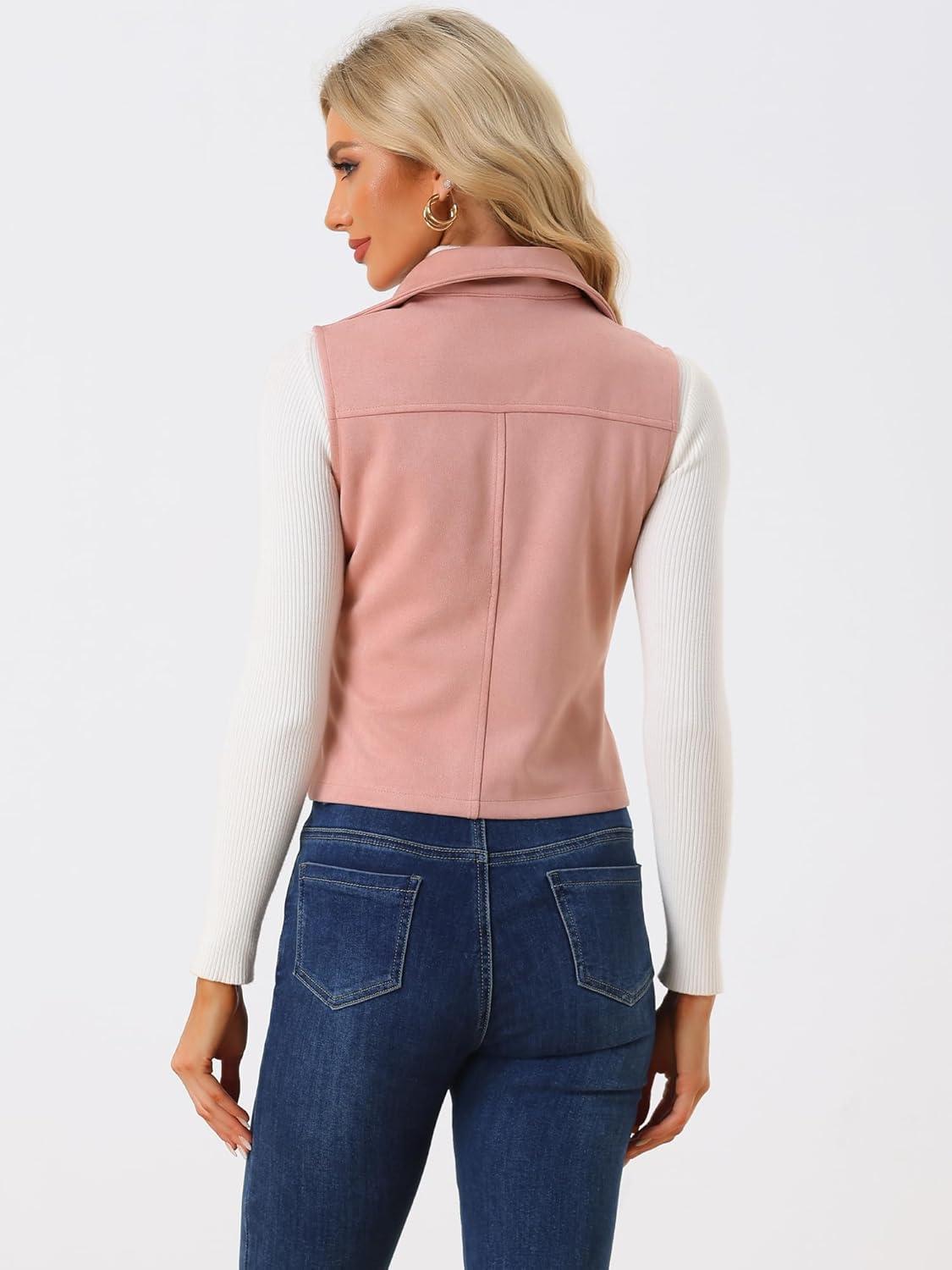 imageAllegra K Womens Faux Suede Vest Casual Sleeveless Biker JacketPink