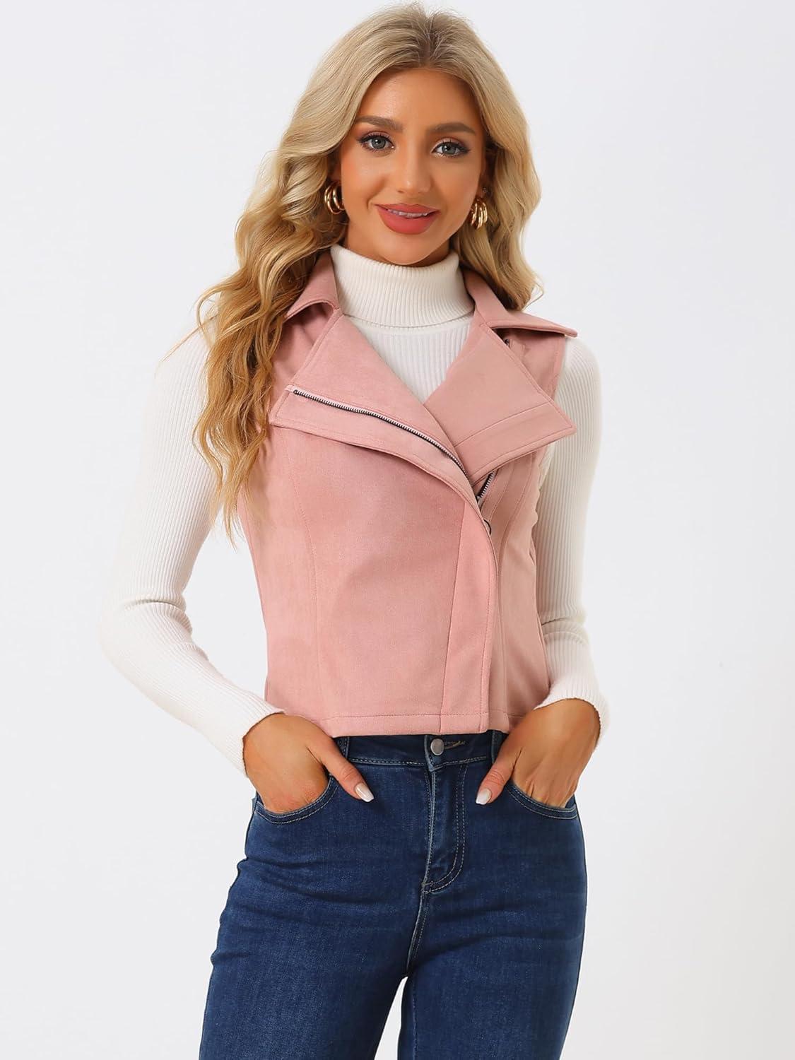 imageAllegra K Womens Faux Suede Vest Casual Sleeveless Biker JacketPink