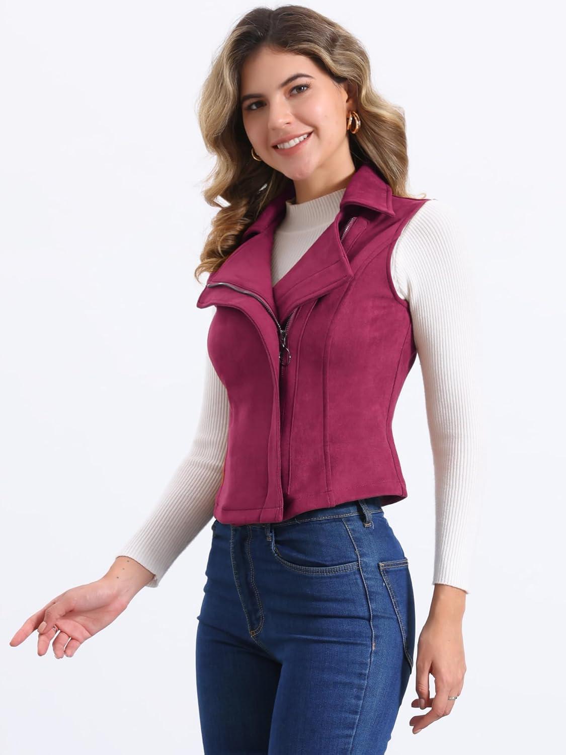 imageAllegra K Womens Faux Suede Vest Casual Sleeveless Biker JacketWine Red