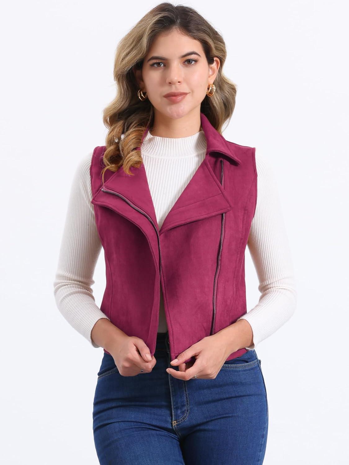 imageAllegra K Womens Faux Suede Vest Casual Sleeveless Biker JacketWine Red
