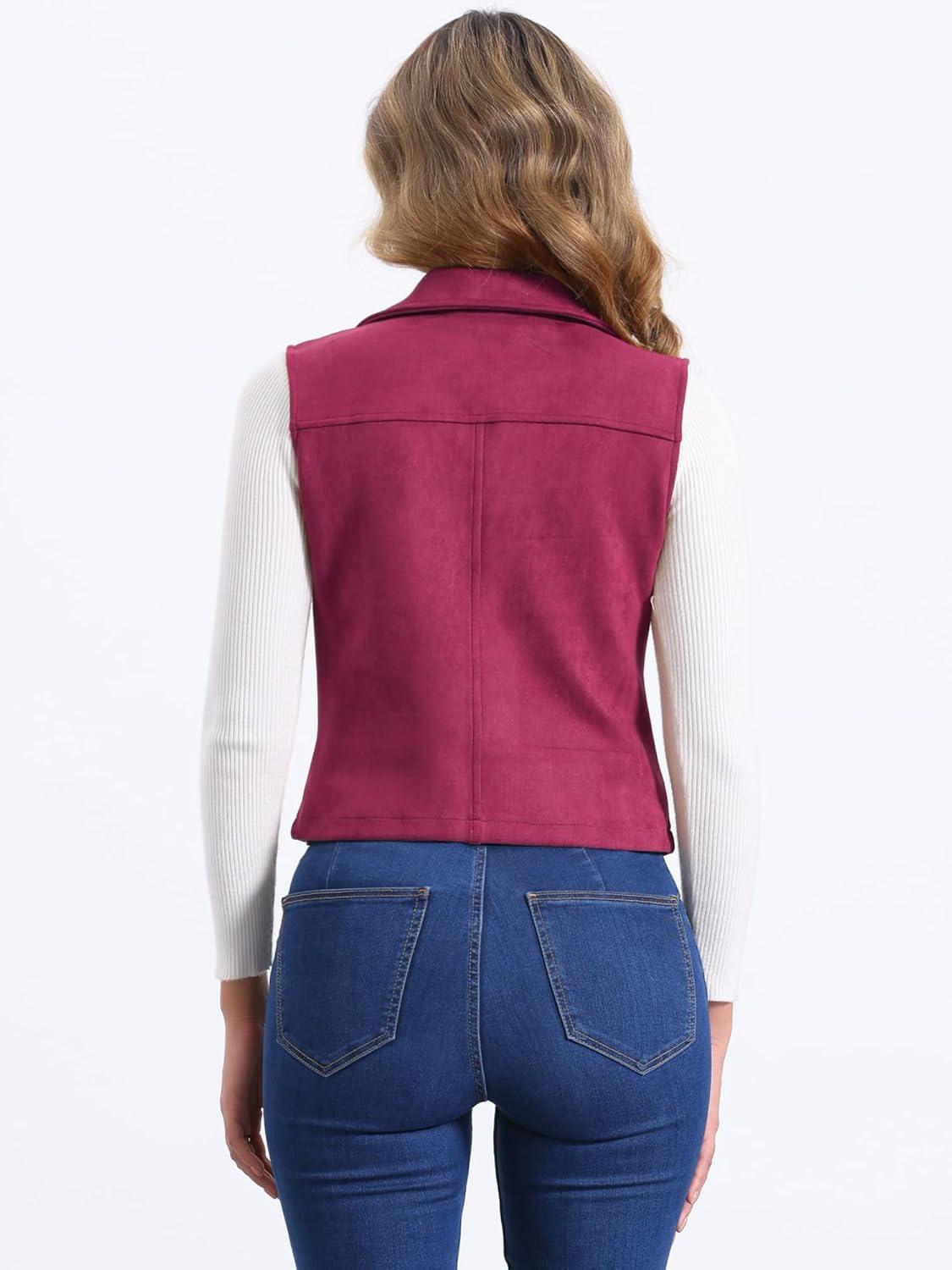 imageAllegra K Womens Faux Suede Vest Casual Sleeveless Biker JacketWine Red
