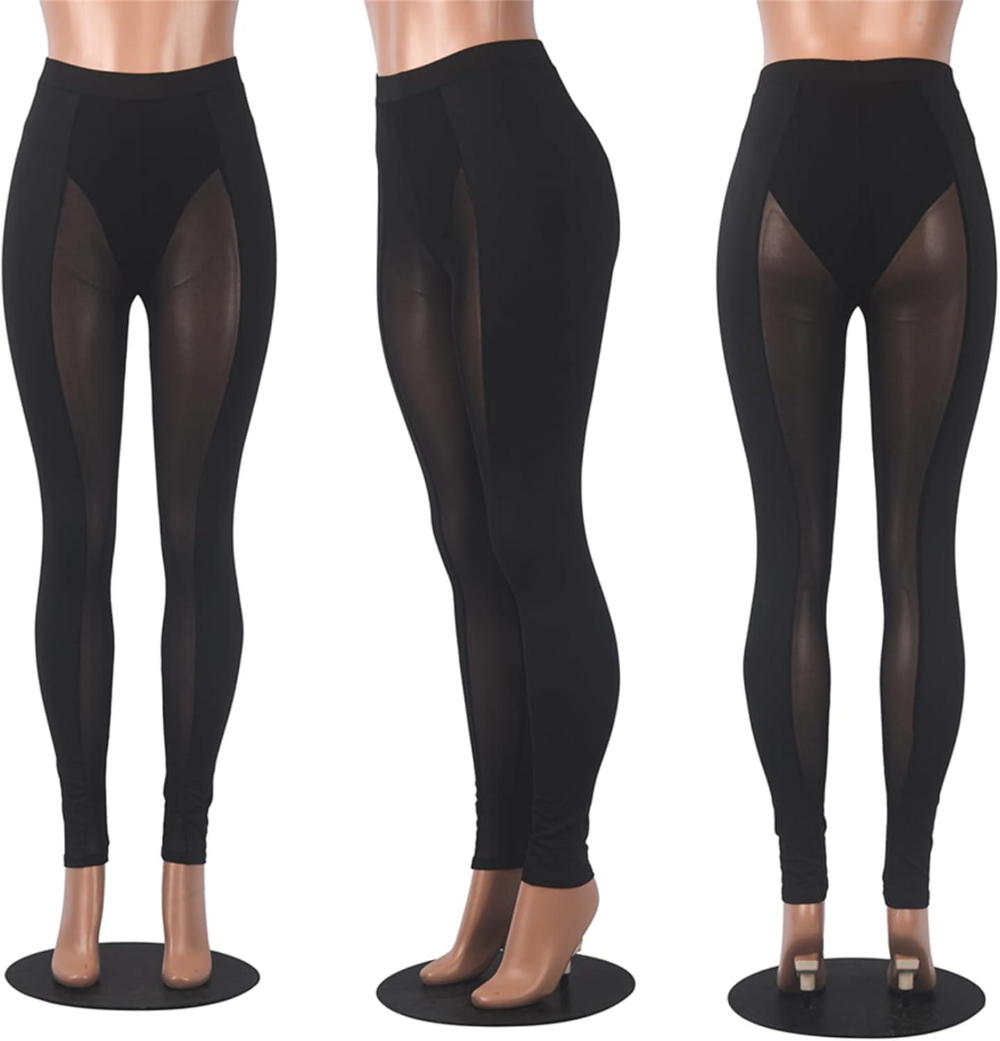 imageAtyfuniby Womens Leggings High Waisted Sexy Skinny Mesh See Through Pants Party ClubwearA Black