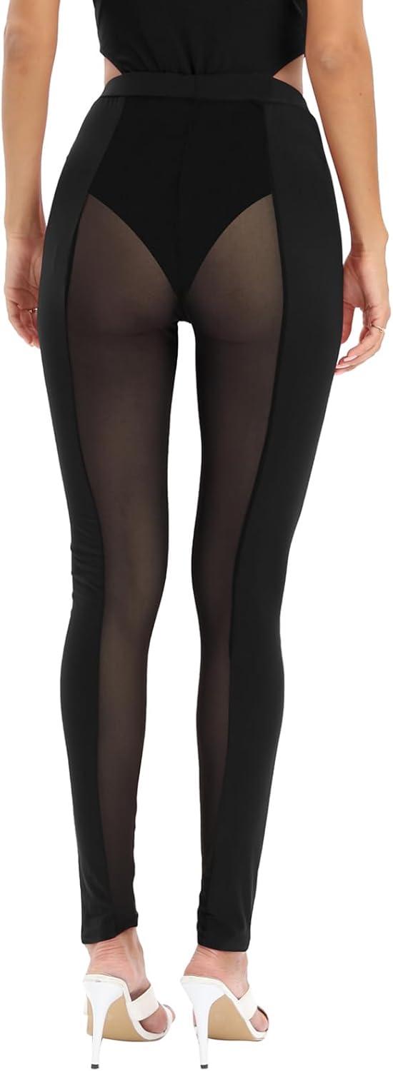 imageAtyfuniby Womens Leggings High Waisted Sexy Skinny Mesh See Through Pants Party ClubwearA Black