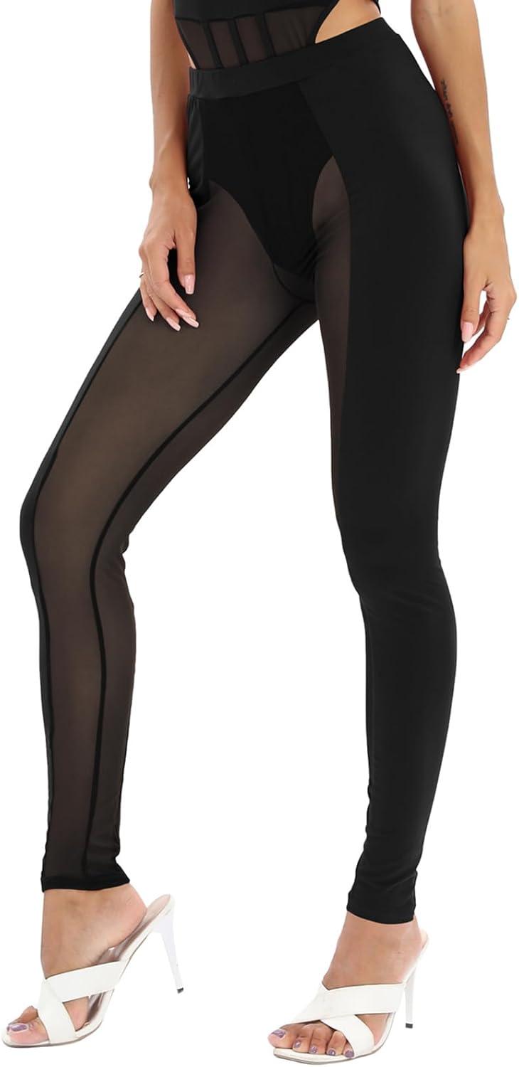 imageAtyfuniby Womens Leggings High Waisted Sexy Skinny Mesh See Through Pants Party ClubwearA Black
