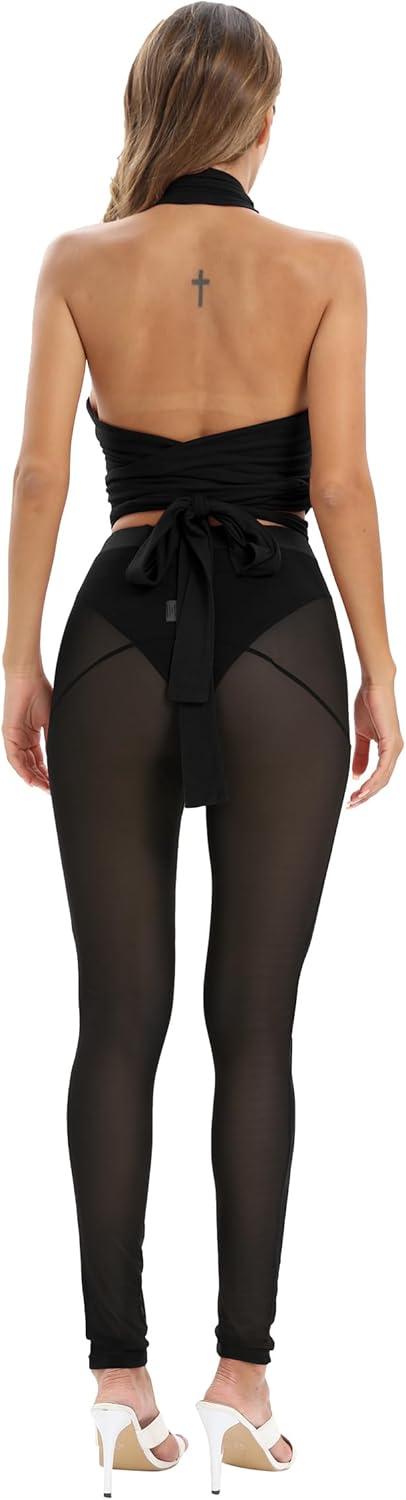 imageAtyfuniby Womens Leggings High Waisted Sexy Skinny Mesh See Through Pants Party ClubwearB Black