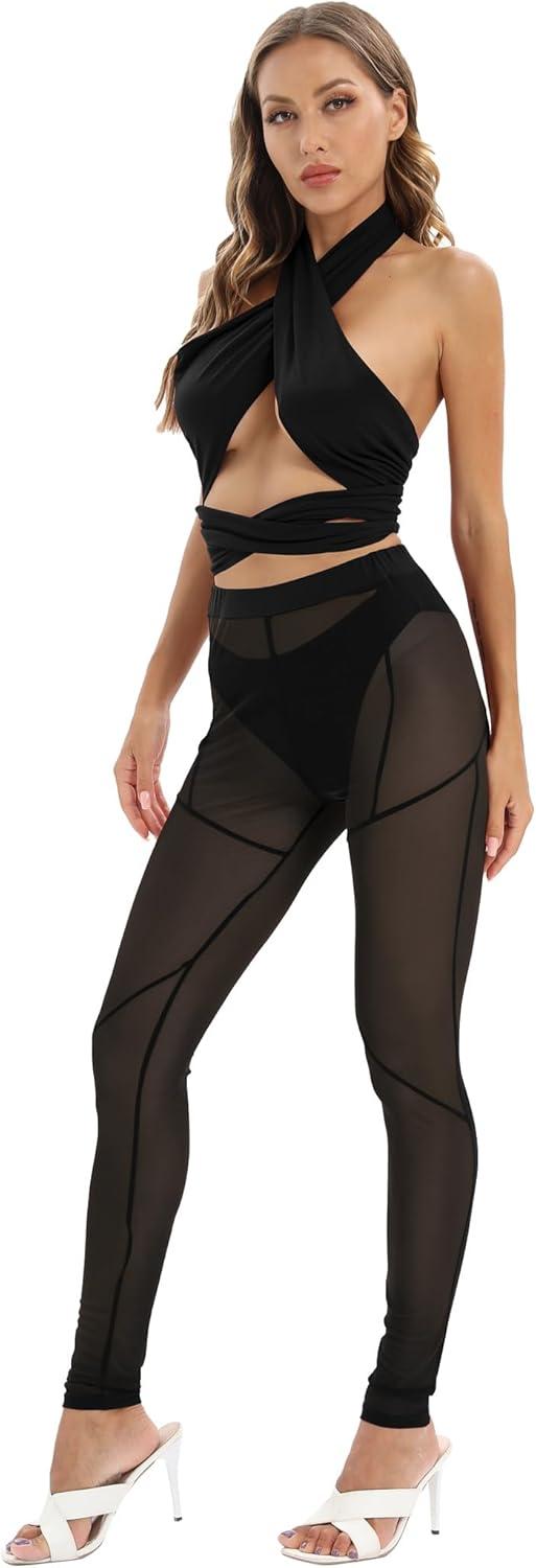 imageAtyfuniby Womens Leggings High Waisted Sexy Skinny Mesh See Through Pants Party ClubwearB Black