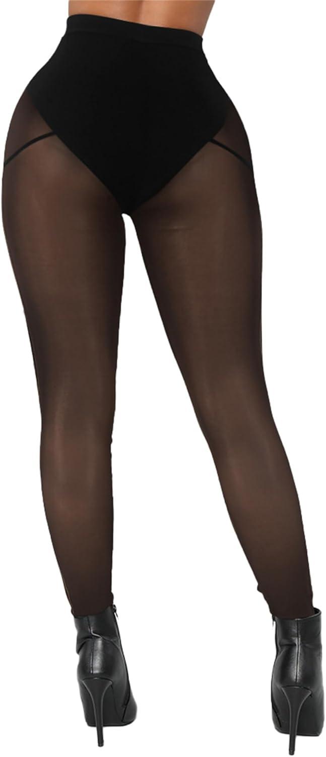 imageAtyfuniby Womens Leggings High Waisted Sexy Skinny Mesh See Through Pants Party ClubwearB Black