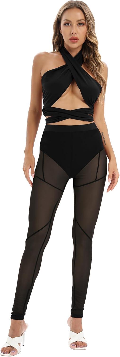 imageAtyfuniby Womens Leggings High Waisted Sexy Skinny Mesh See Through Pants Party ClubwearB Black