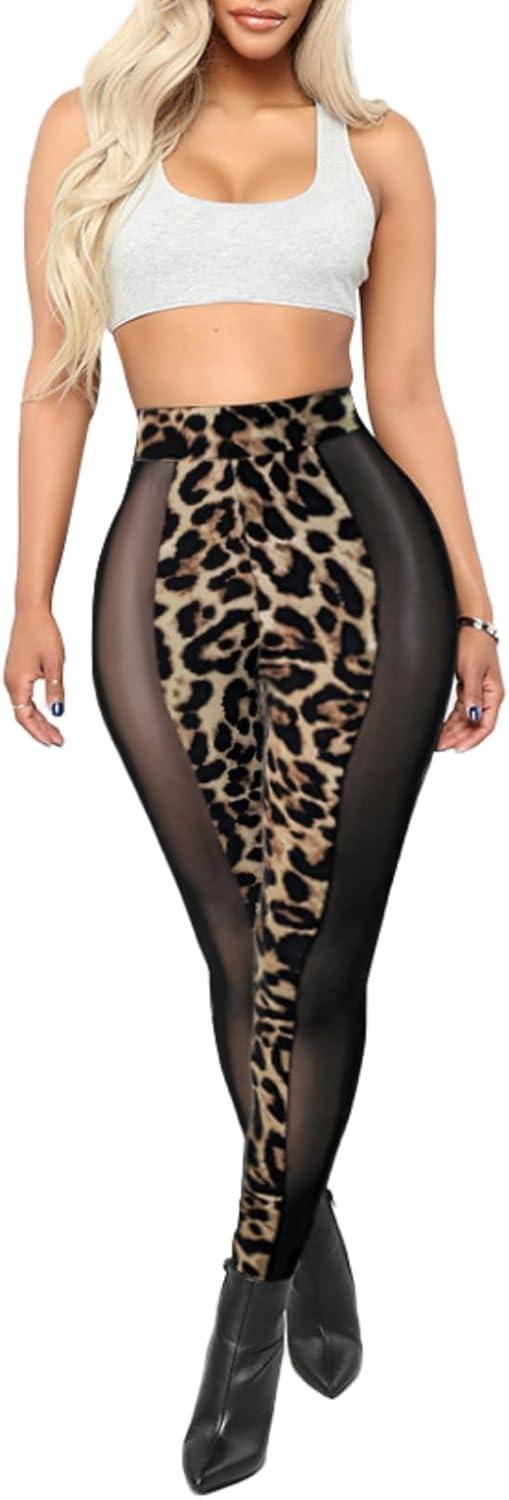 imageAtyfuniby Womens Leggings High Waisted Sexy Skinny Mesh See Through Pants Party ClubwearBlack Leopard