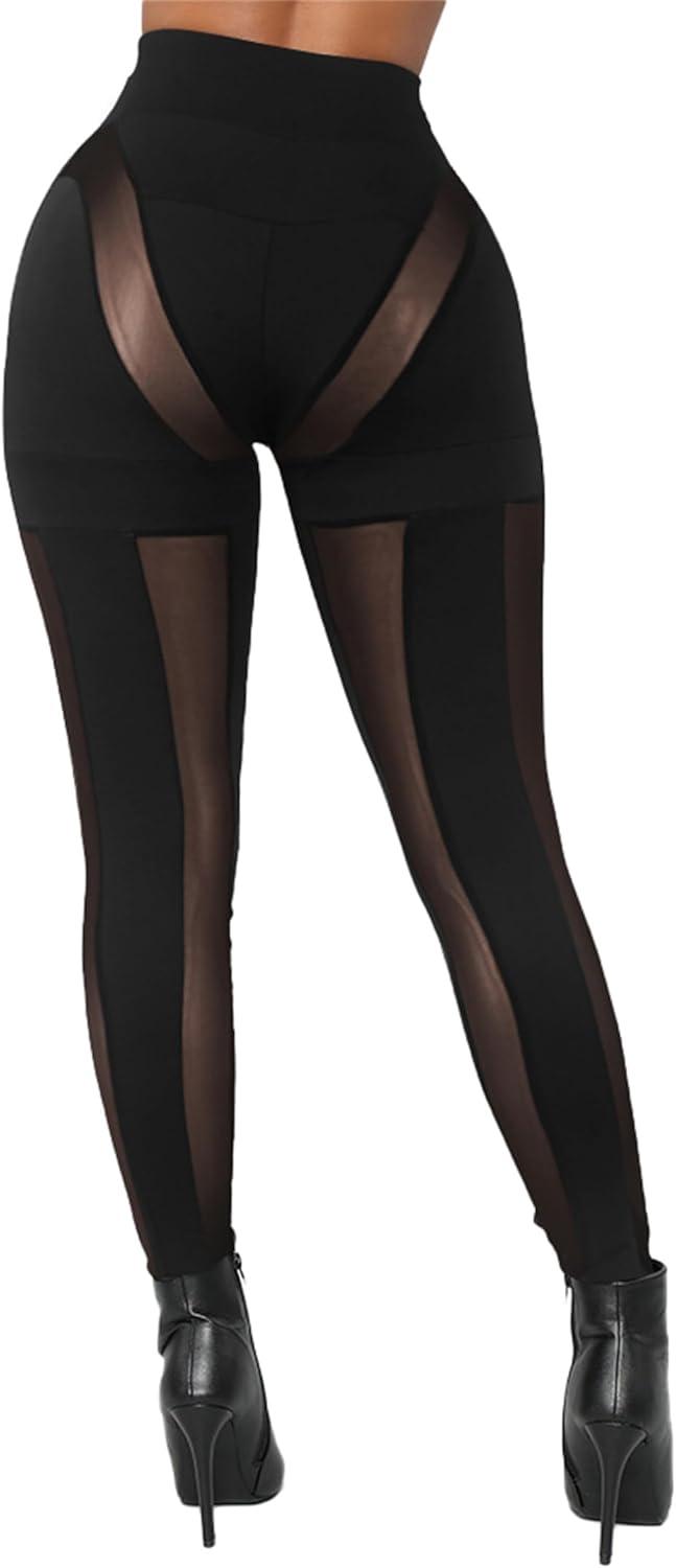 imageAtyfuniby Womens Leggings High Waisted Sexy Skinny Mesh See Through Pants Party ClubwearC Black