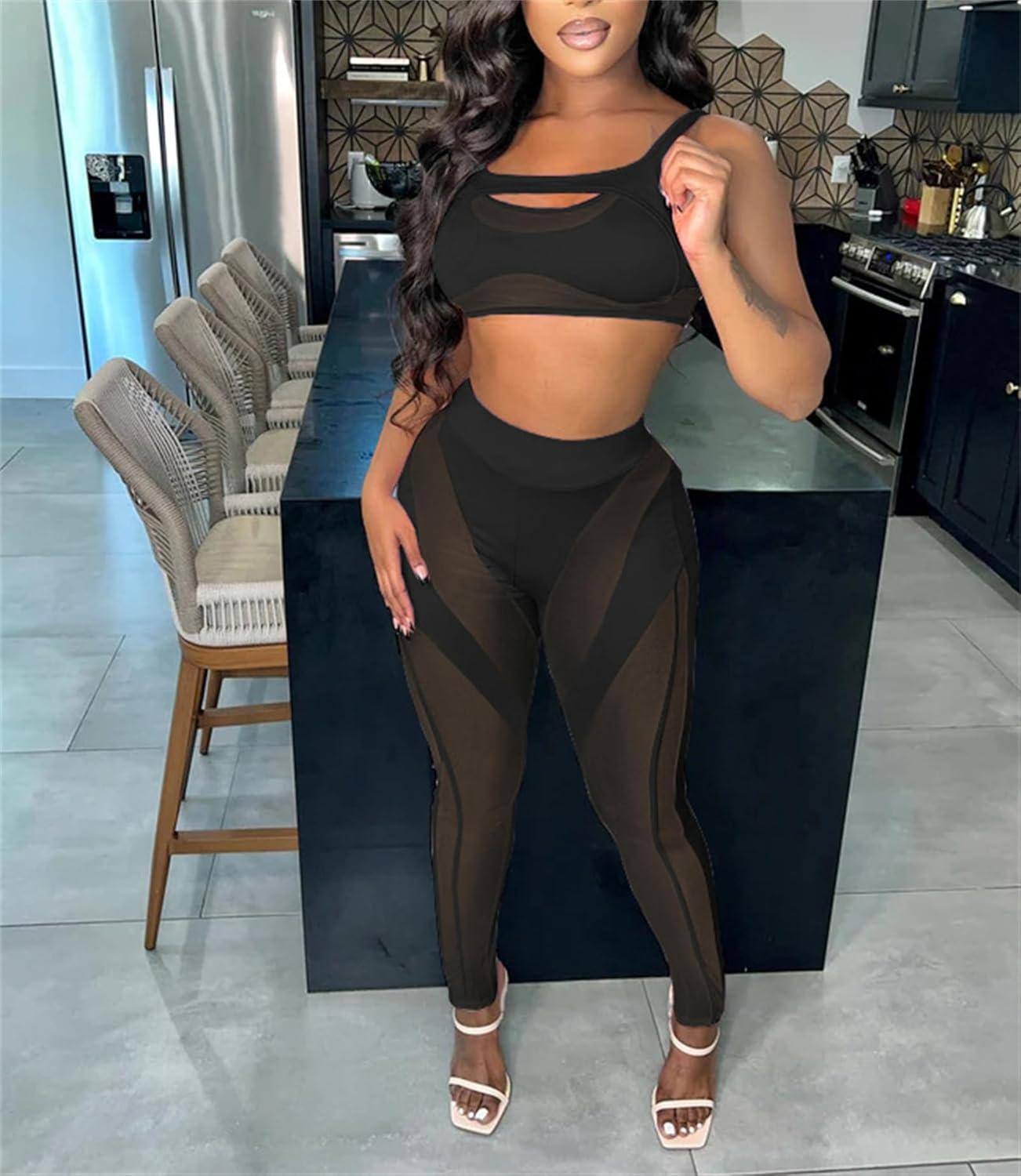 imageAtyfuniby Womens Leggings High Waisted Sexy Skinny Mesh See Through Pants Party ClubwearC Black