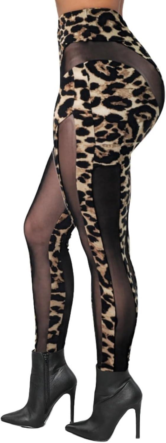 imageAtyfuniby Womens Leggings High Waisted Sexy Skinny Mesh See Through Pants Party ClubwearC Black Leopard