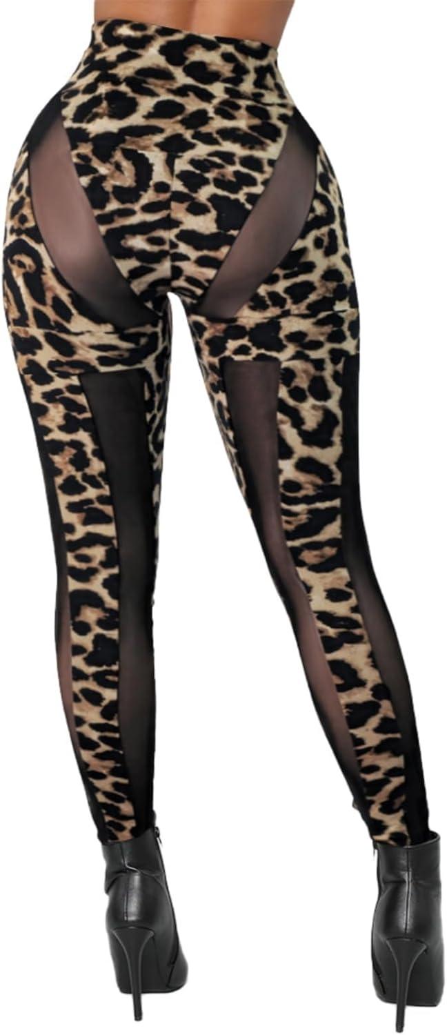 imageAtyfuniby Womens Leggings High Waisted Sexy Skinny Mesh See Through Pants Party ClubwearC Black Leopard