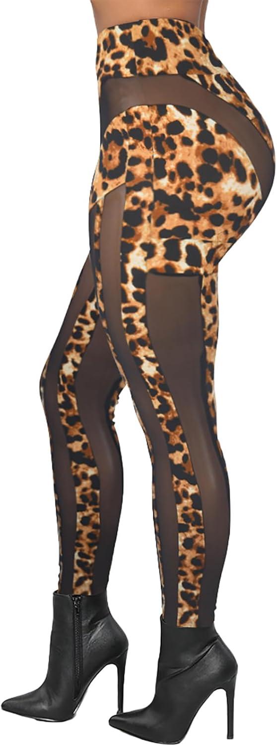 imageAtyfuniby Womens Leggings High Waisted Sexy Skinny Mesh See Through Pants Party ClubwearC Leopard