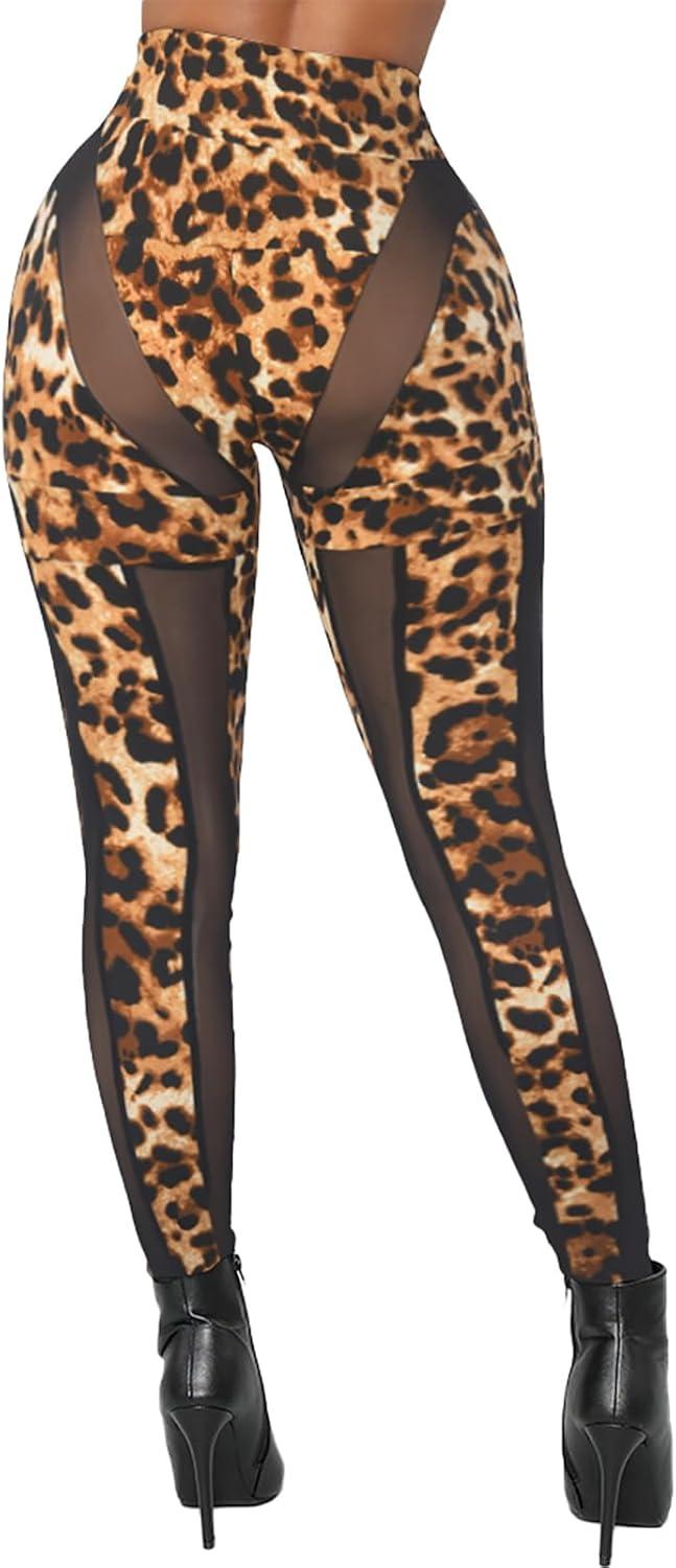 imageAtyfuniby Womens Leggings High Waisted Sexy Skinny Mesh See Through Pants Party ClubwearC Leopard