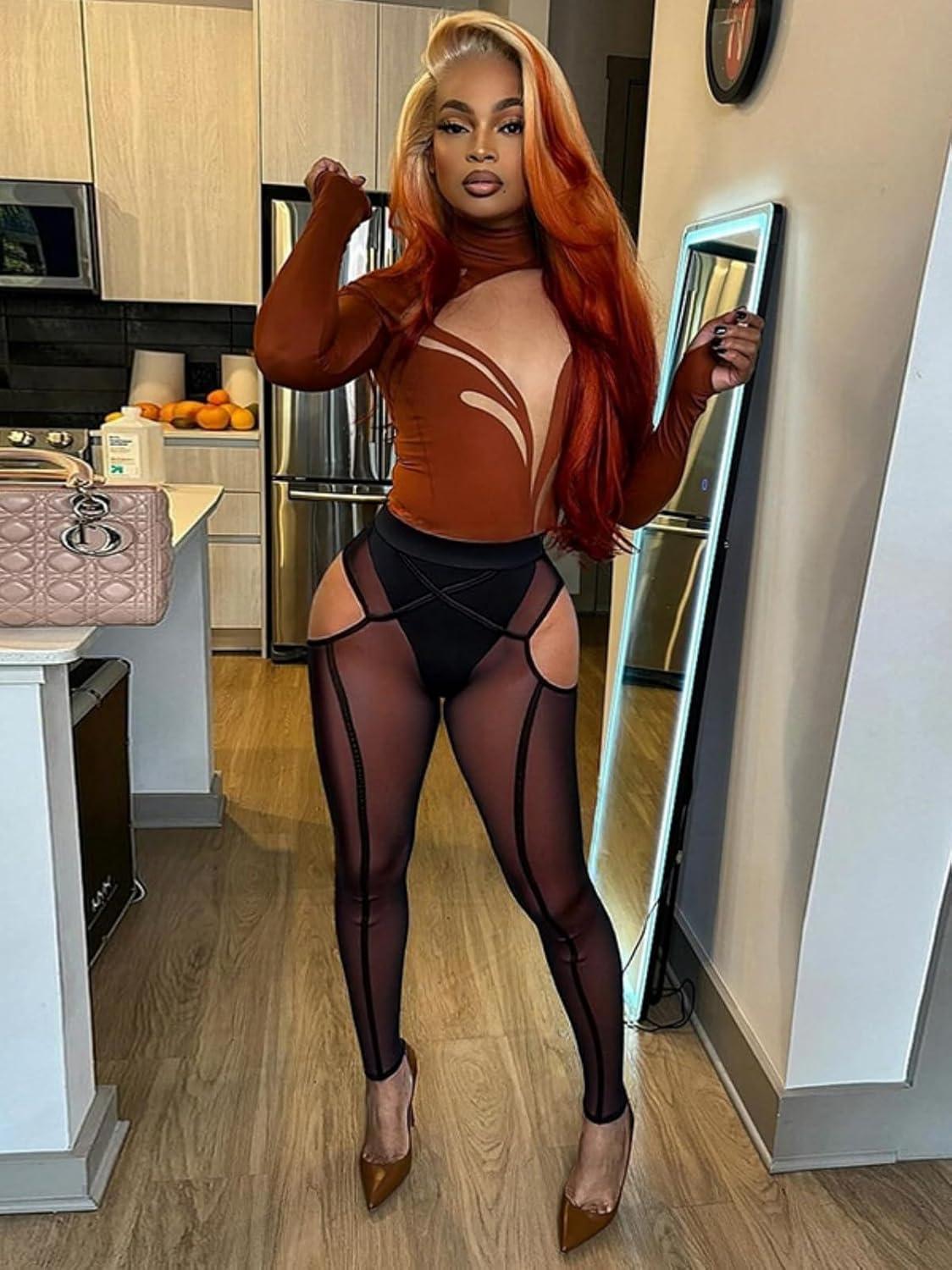 imageAtyfuniby Womens Leggings High Waisted Sexy Skinny Mesh See Through Pants Party ClubwearCutout Black