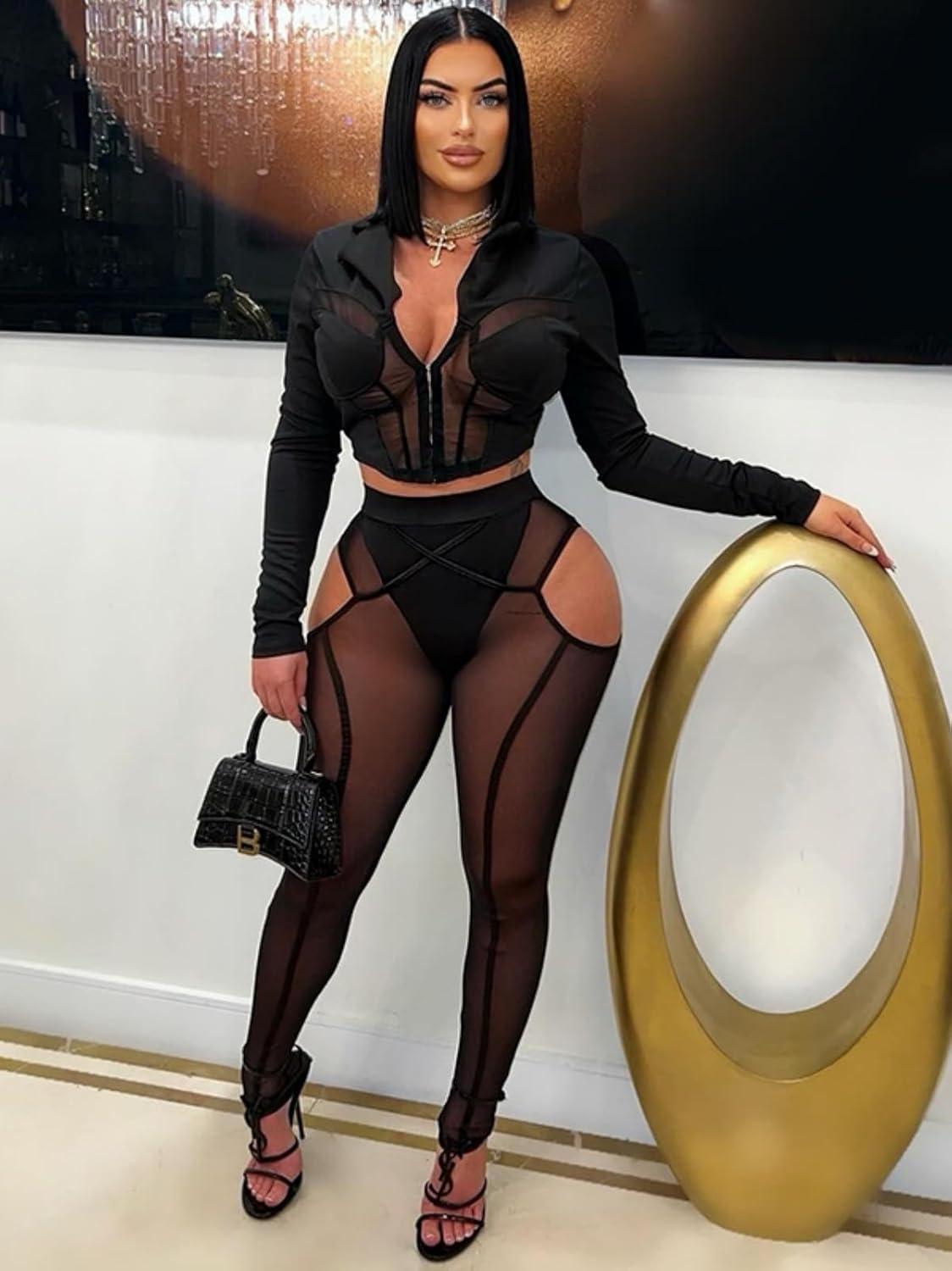 imageAtyfuniby Womens Leggings High Waisted Sexy Skinny Mesh See Through Pants Party ClubwearCutout Black