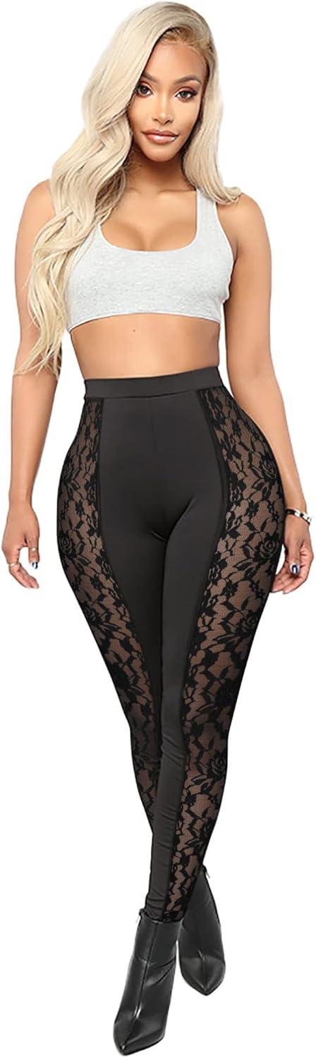 imageAtyfuniby Womens Leggings High Waisted Sexy Skinny Mesh See Through Pants Party ClubwearLace Splice Black