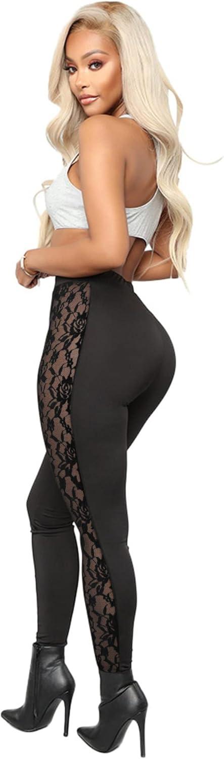 imageAtyfuniby Womens Leggings High Waisted Sexy Skinny Mesh See Through Pants Party ClubwearLace Splice Black