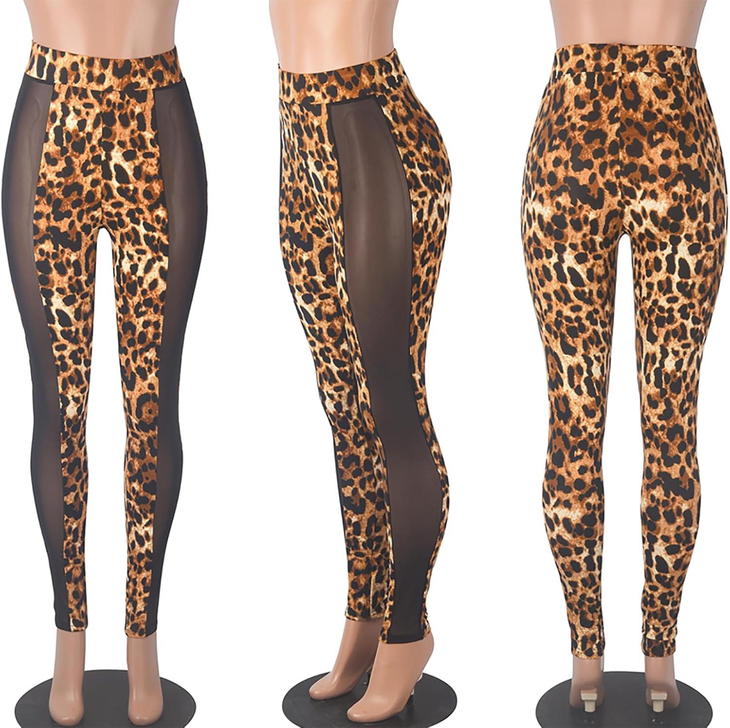imageAtyfuniby Womens Leggings High Waisted Sexy Skinny Mesh See Through Pants Party ClubwearLeopard