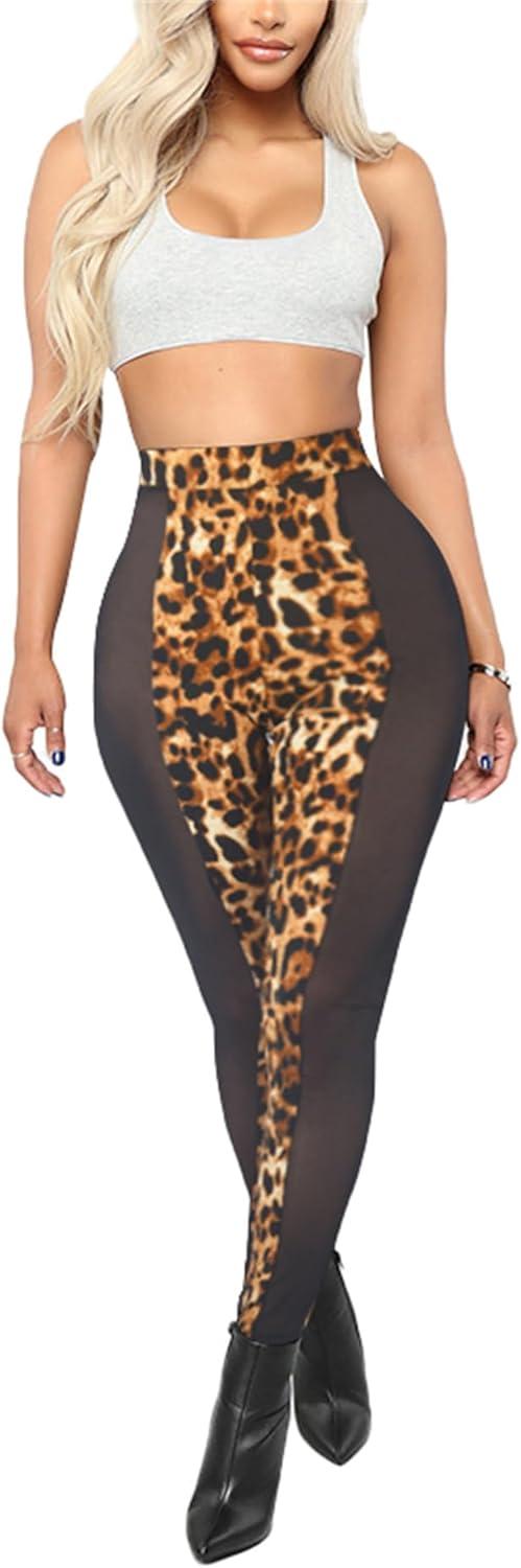 imageAtyfuniby Womens Leggings High Waisted Sexy Skinny Mesh See Through Pants Party ClubwearLeopard
