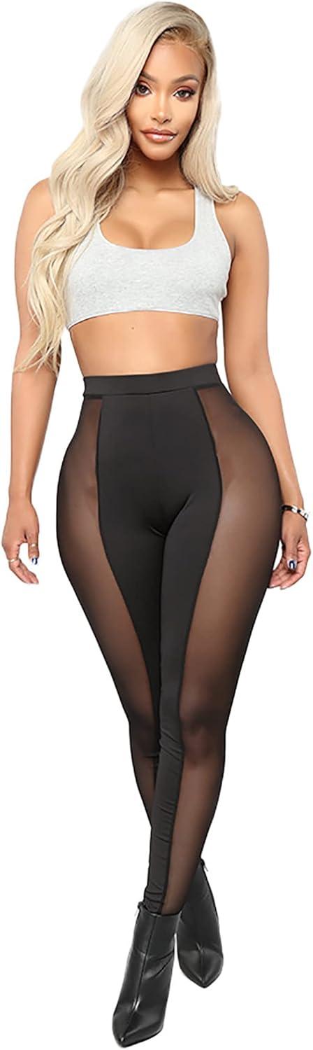 imageAtyfuniby Womens Leggings High Waisted Sexy Skinny Mesh See Through Pants Party ClubwearMidpatchwork Black