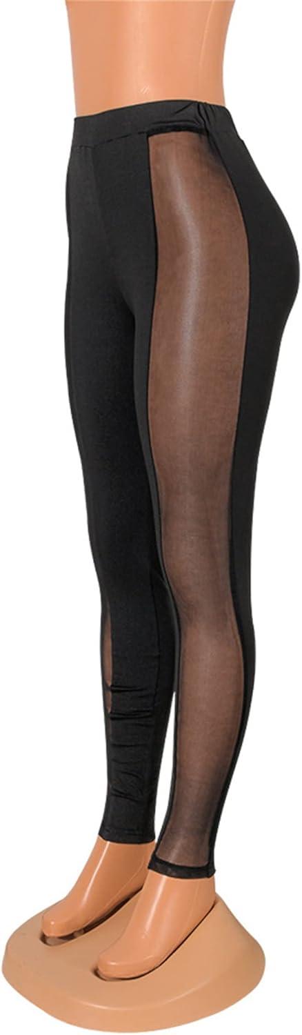 imageAtyfuniby Womens Leggings High Waisted Sexy Skinny Mesh See Through Pants Party ClubwearMidpatchwork Black