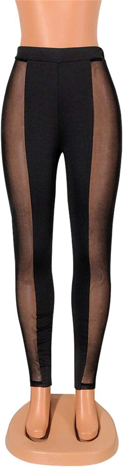 imageAtyfuniby Womens Leggings High Waisted Sexy Skinny Mesh See Through Pants Party ClubwearMidpatchwork Black