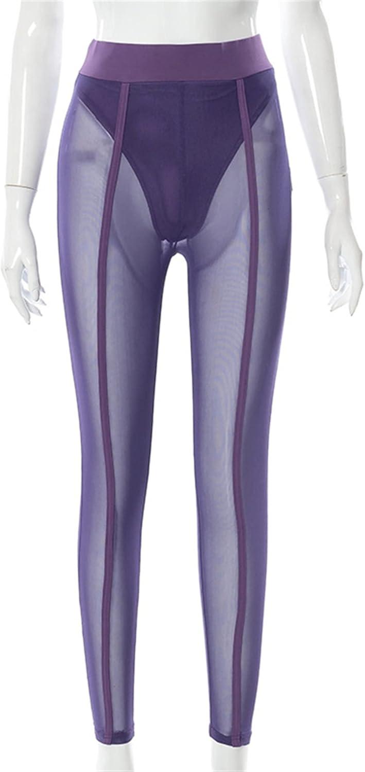 imageAtyfuniby Womens Leggings High Waisted Sexy Skinny Mesh See Through Pants Party ClubwearPurple Legging With Briefs