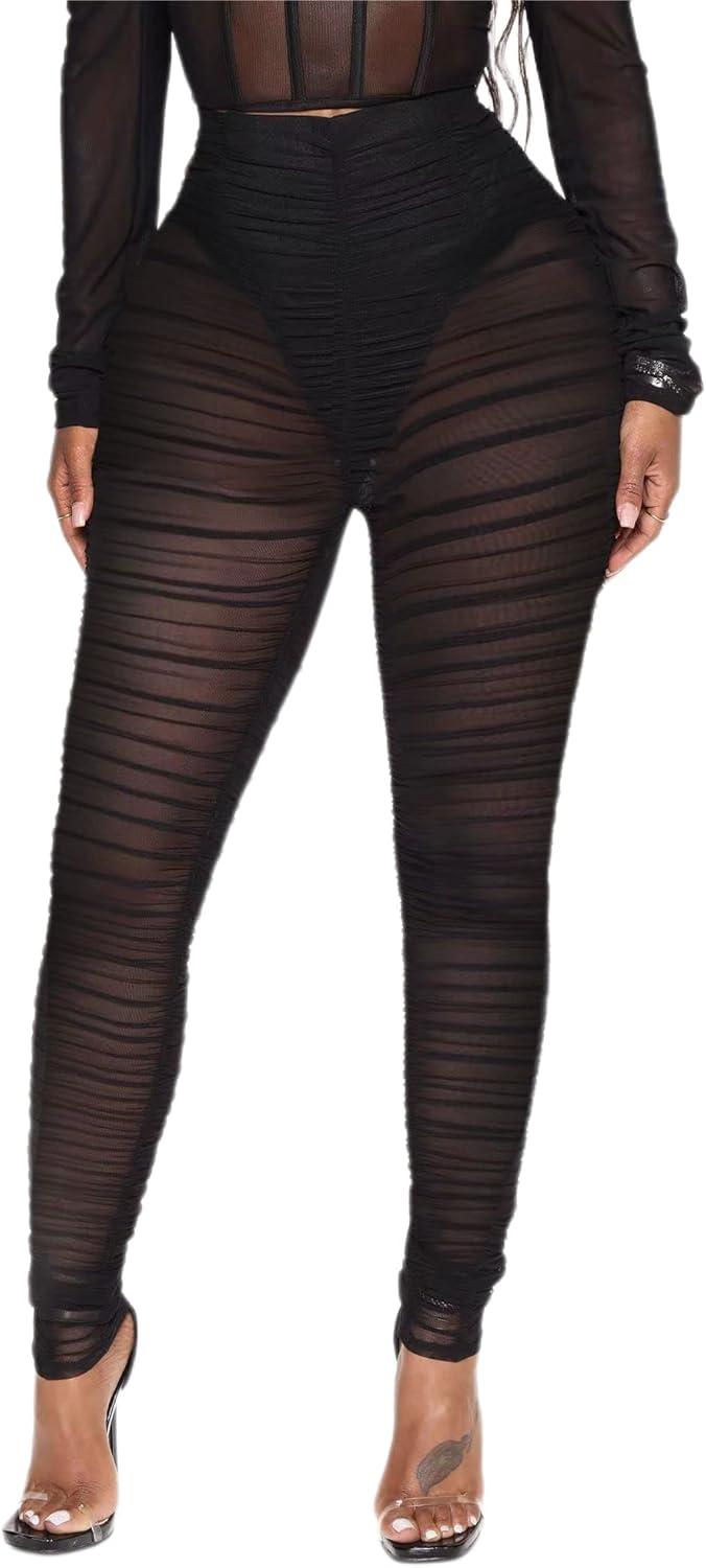 imageAtyfuniby Womens Leggings High Waisted Sexy Skinny Mesh See Through Pants Party ClubwearRuched Black With Briefs