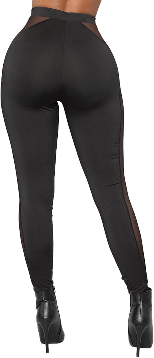 imageAtyfuniby Womens Leggings High Waisted Sexy Skinny Mesh See Through Pants Party ClubwearSide Sheer Black