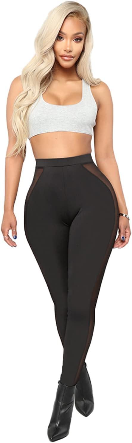 imageAtyfuniby Womens Leggings High Waisted Sexy Skinny Mesh See Through Pants Party ClubwearSide Sheer Black