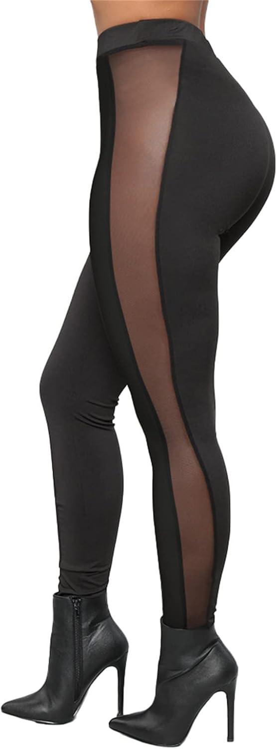 imageAtyfuniby Womens Leggings High Waisted Sexy Skinny Mesh See Through Pants Party ClubwearSide Sheer Black
