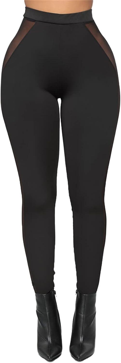 imageAtyfuniby Womens Leggings High Waisted Sexy Skinny Mesh See Through Pants Party ClubwearSide Sheer Black