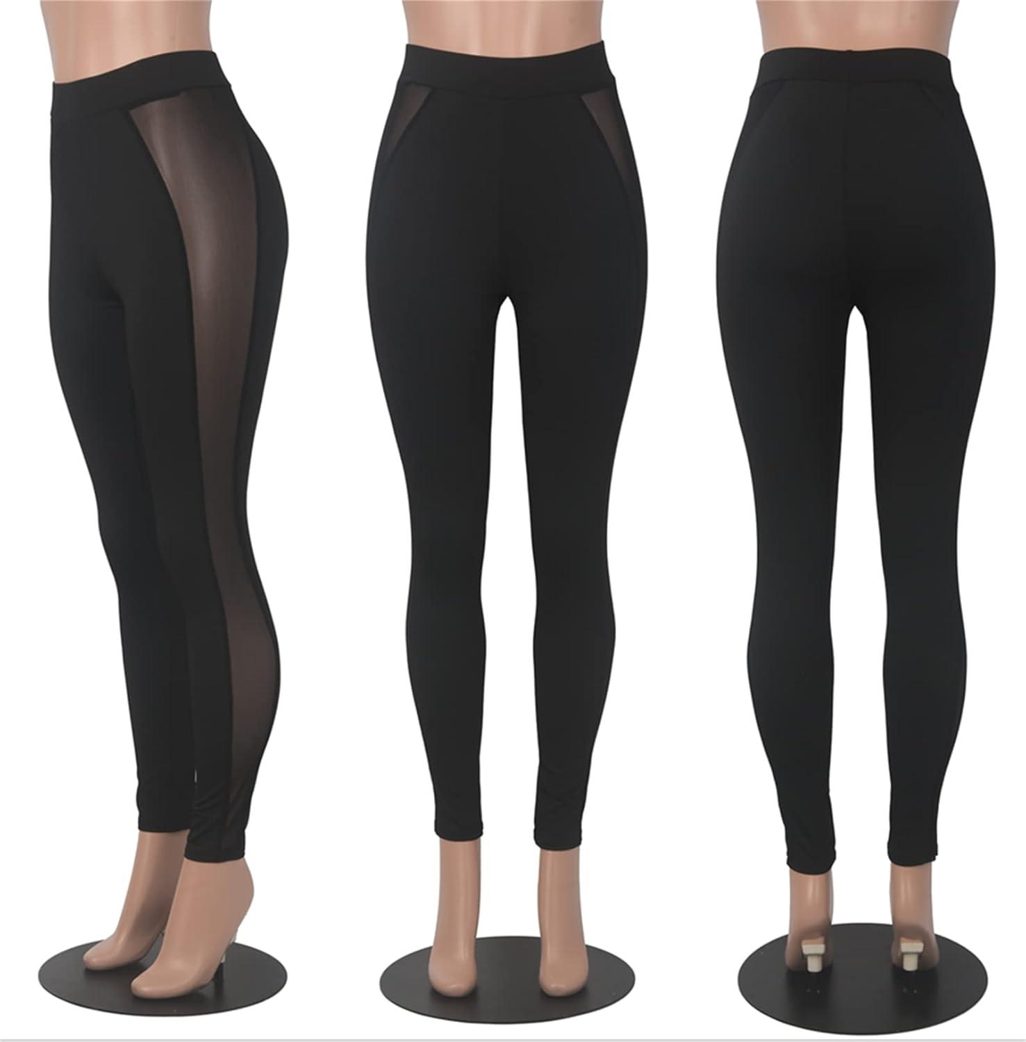 imageAtyfuniby Womens Leggings High Waisted Sexy Skinny Mesh See Through Pants Party ClubwearSide Sheer Black