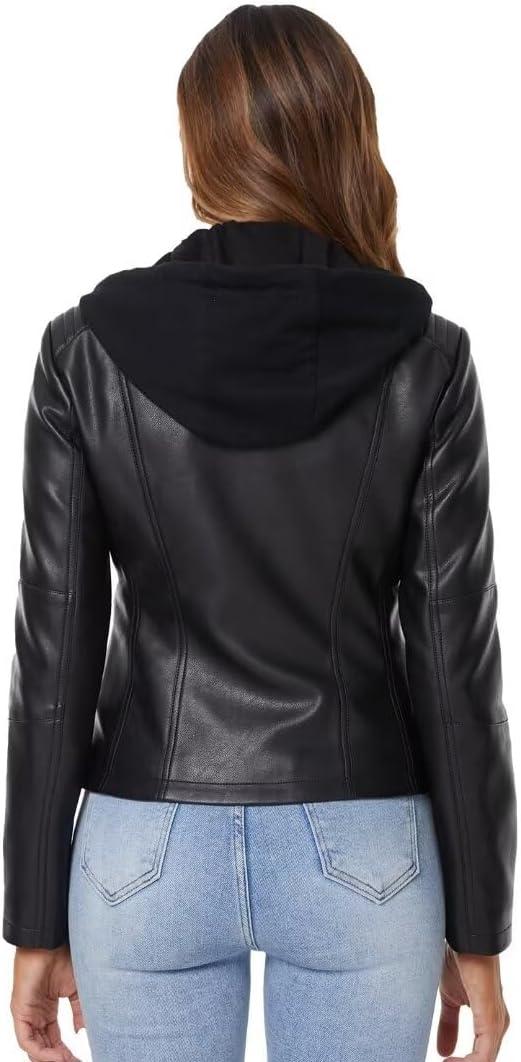 imageDIASHINY Faux Leather Jacket For Women Removable Hooded Moto Biker Outwear CoatBlack 018