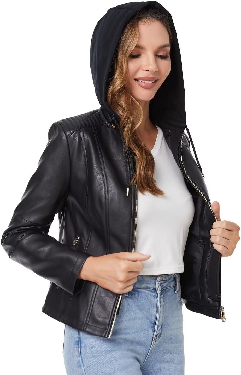 imageDIASHINY Faux Leather Jacket For Women Removable Hooded Moto Biker Outwear CoatBlack 018