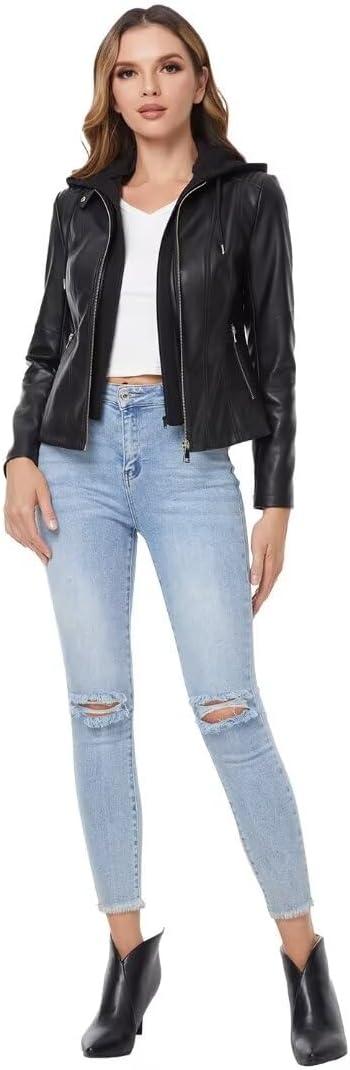 imageDIASHINY Faux Leather Jacket For Women Removable Hooded Moto Biker Outwear CoatBlack 018