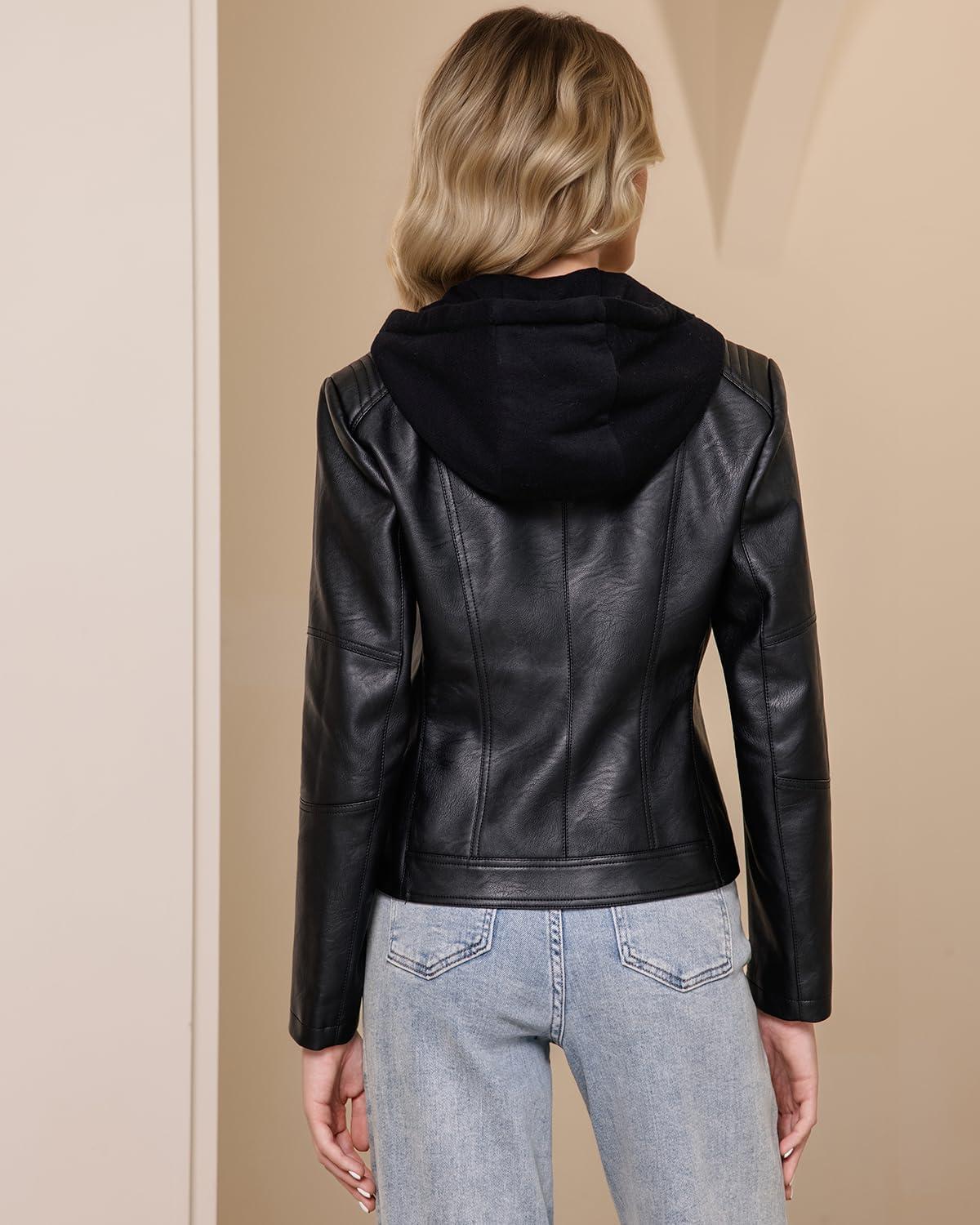 imageDIASHINY Faux Leather Jacket For Women Removable Hooded Moto Biker Outwear CoatBlack 164