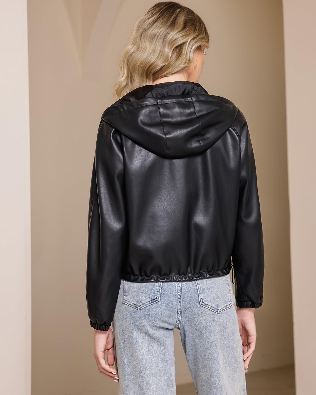 imageDIASHINY Faux Leather Jacket For Women Removable Hooded Moto Biker Outwear CoatBlack 167