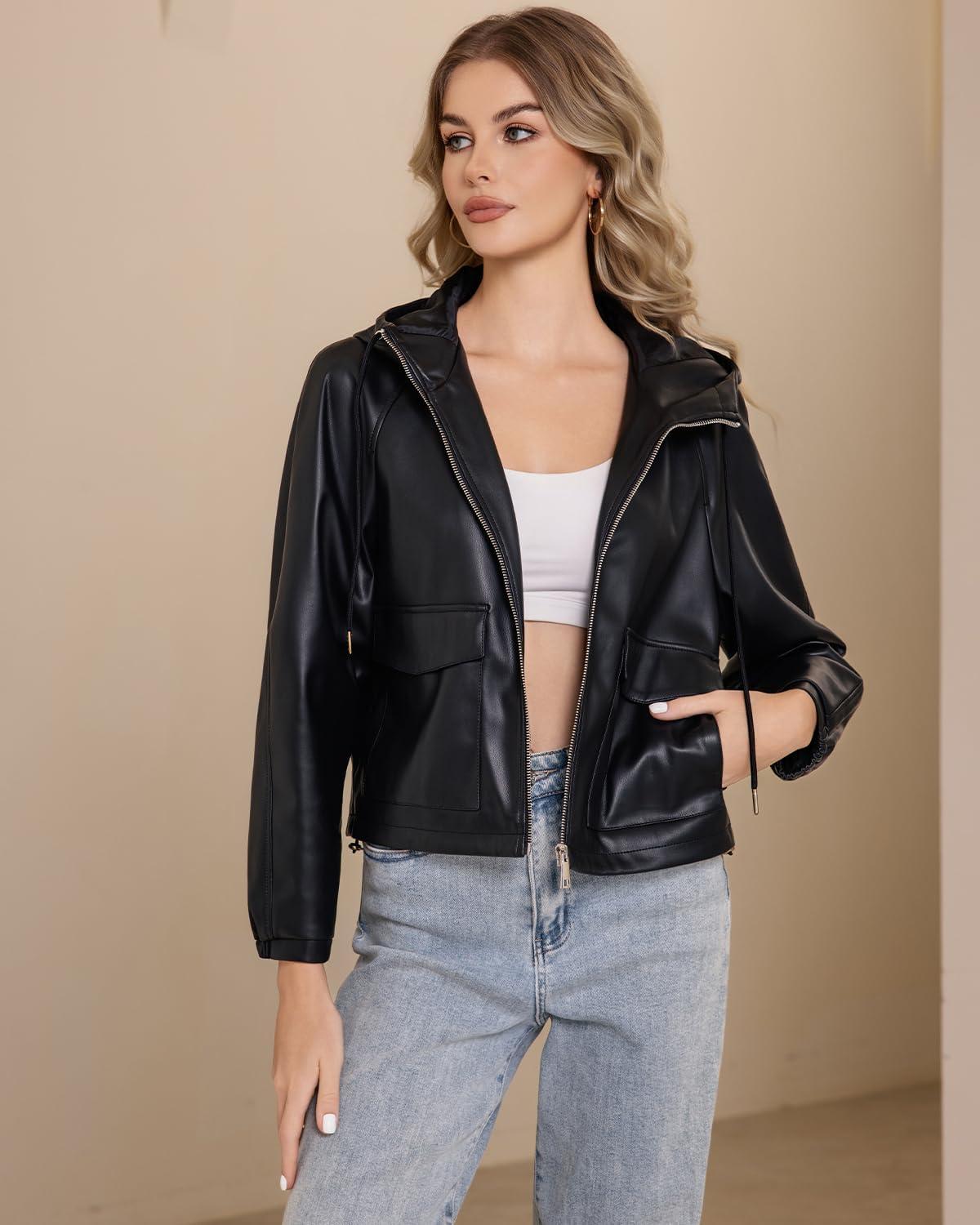 imageDIASHINY Faux Leather Jacket For Women Removable Hooded Moto Biker Outwear CoatBlack 167