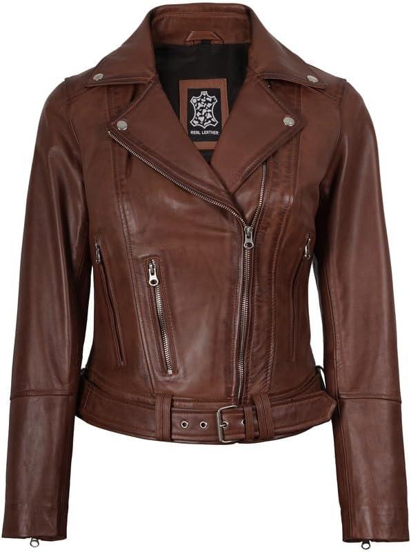 imageDecrum Women Leather Jacket Real Lambskin Stylish Leather Jackets for WomenAldo Cognac Leather Jacket