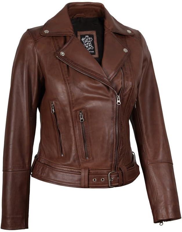 imageDecrum Women Leather Jacket Real Lambskin Stylish Leather Jackets for WomenAldo Cognac Leather Jacket
