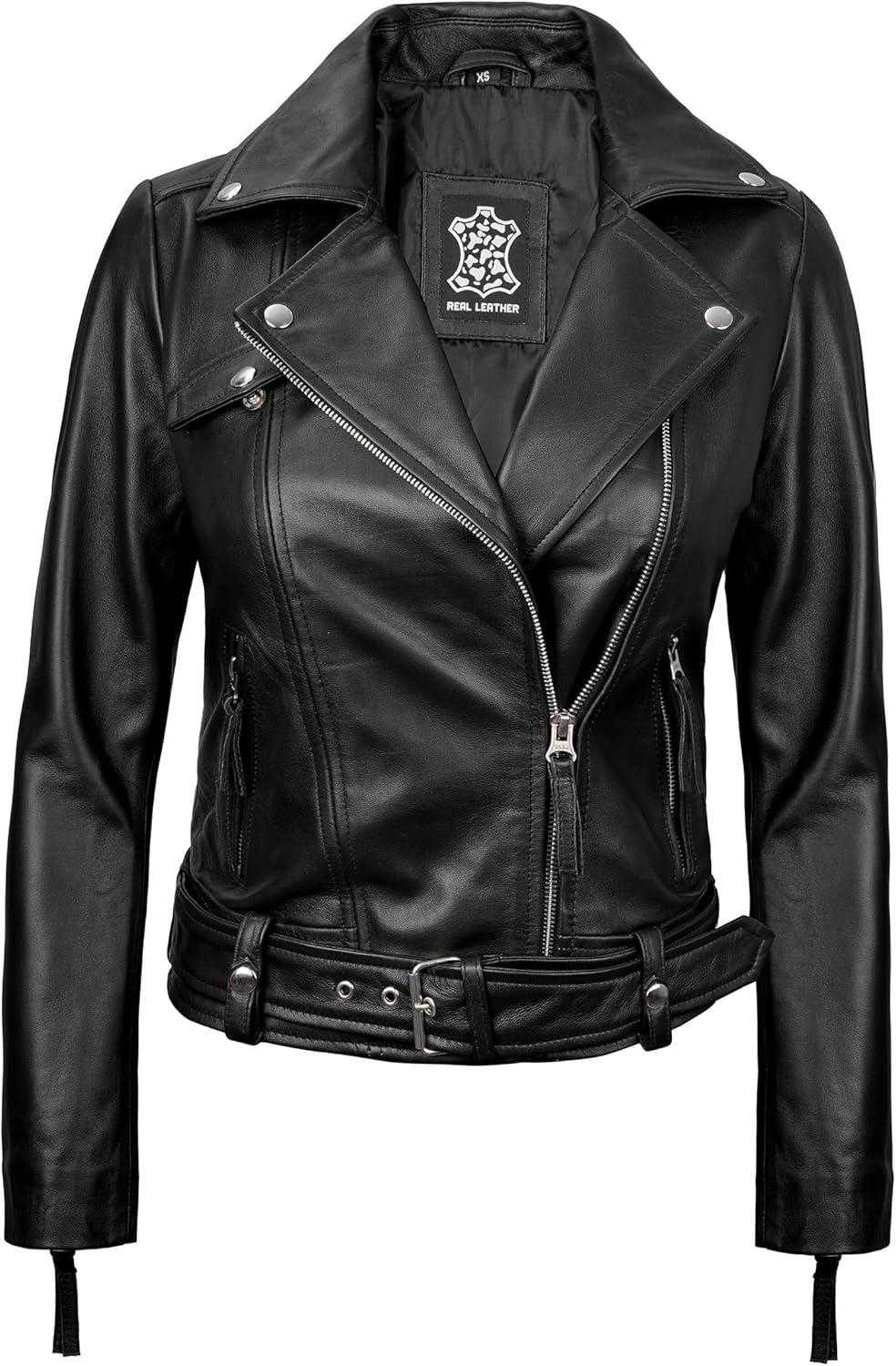 imageDecrum Women Leather Jacket Real Lambskin Stylish Leather Jackets for WomenAngela Black Leather Jacket