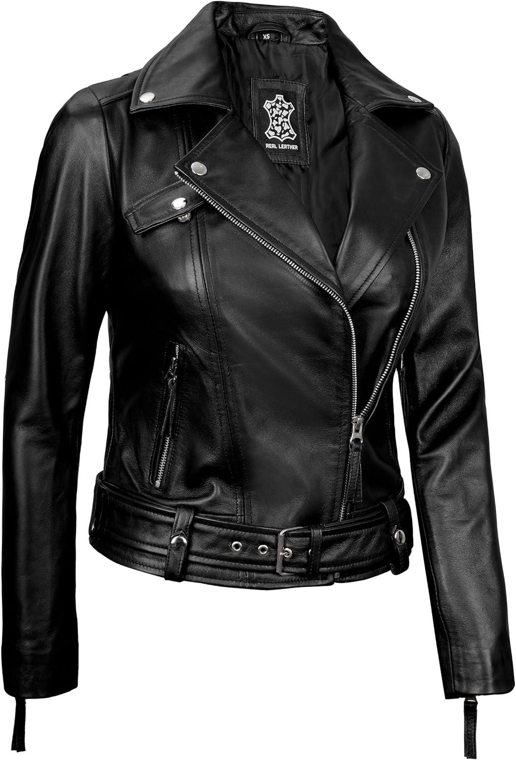 imageDecrum Women Leather Jacket Real Lambskin Stylish Leather Jackets for WomenAngela Black Leather Jacket